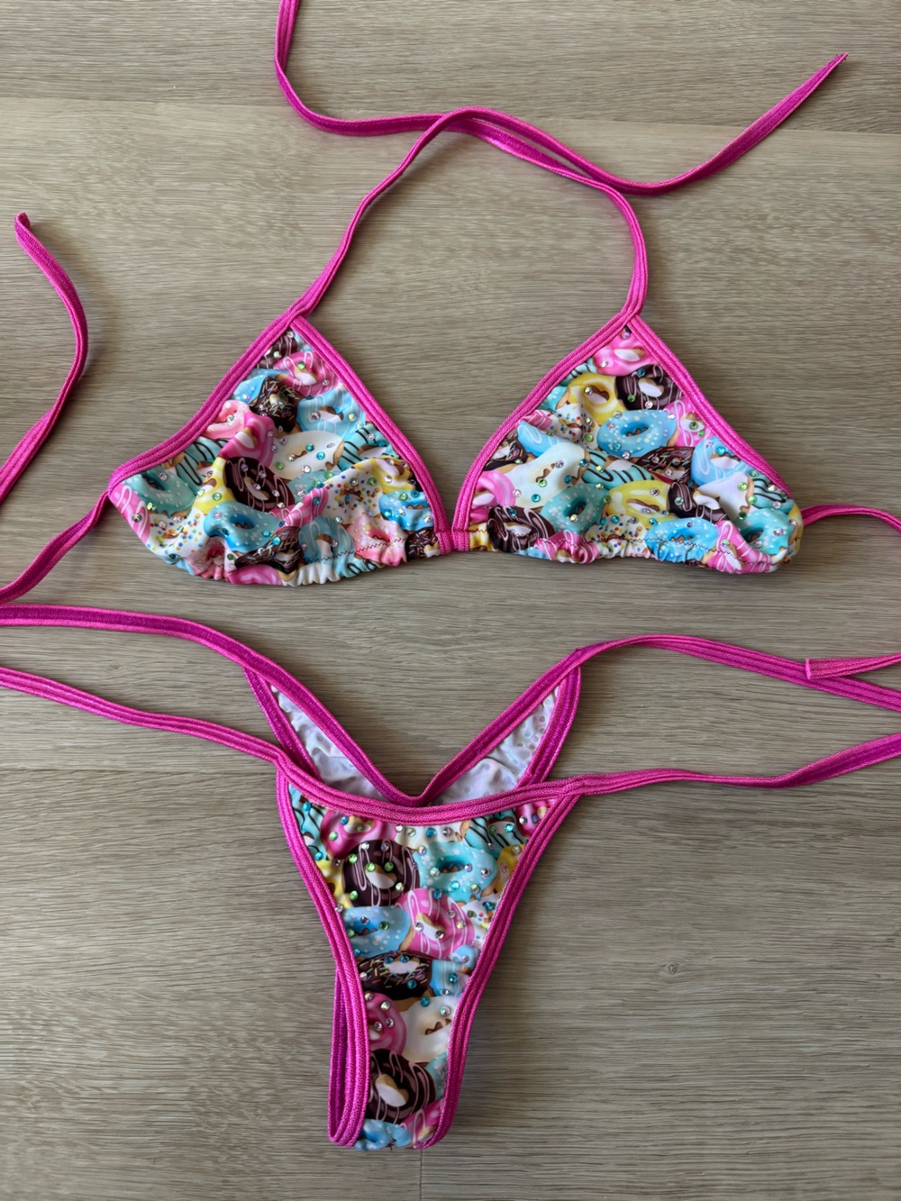 Hot Pink Donut Print Triangle Bikini Set
